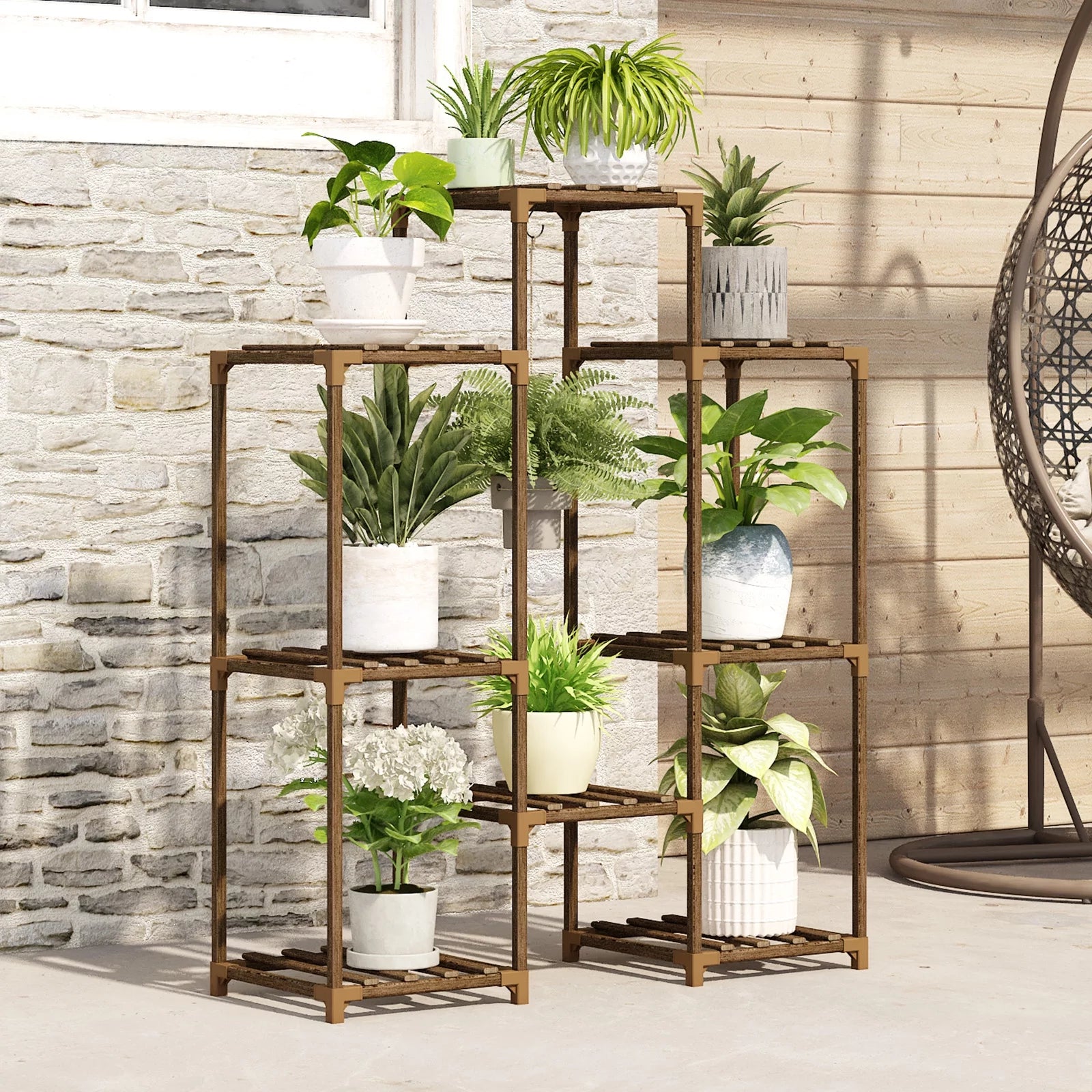 Outdoor and Indoor Wooden Plant Stand - Tiered Rack for Multiple Plants