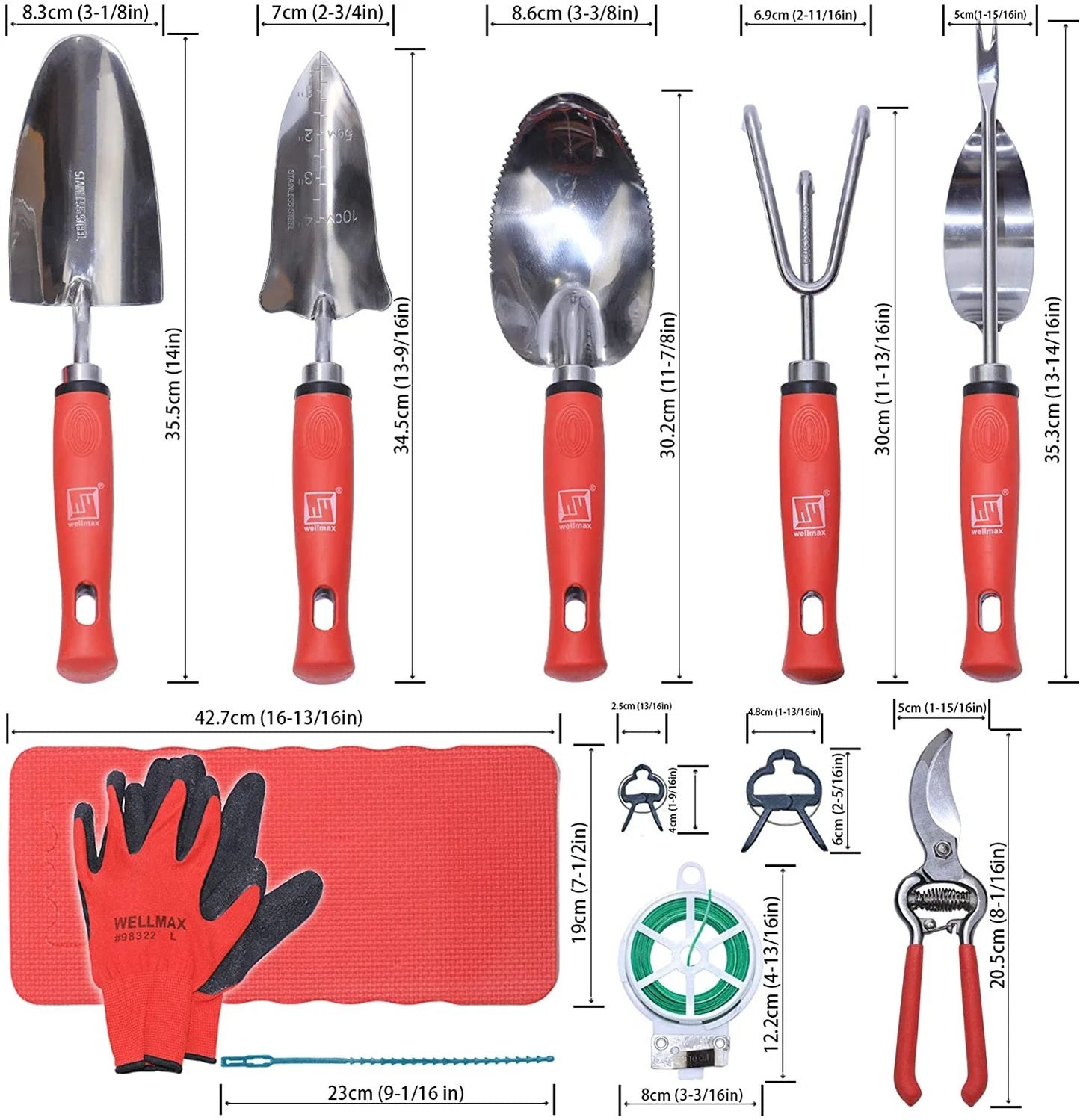 Garden Tools Set of 12 with Gardening Gloves, Pruning Shear and 7 Piece Stainless Steel Hand Digging Tool Heavy Duty Kit