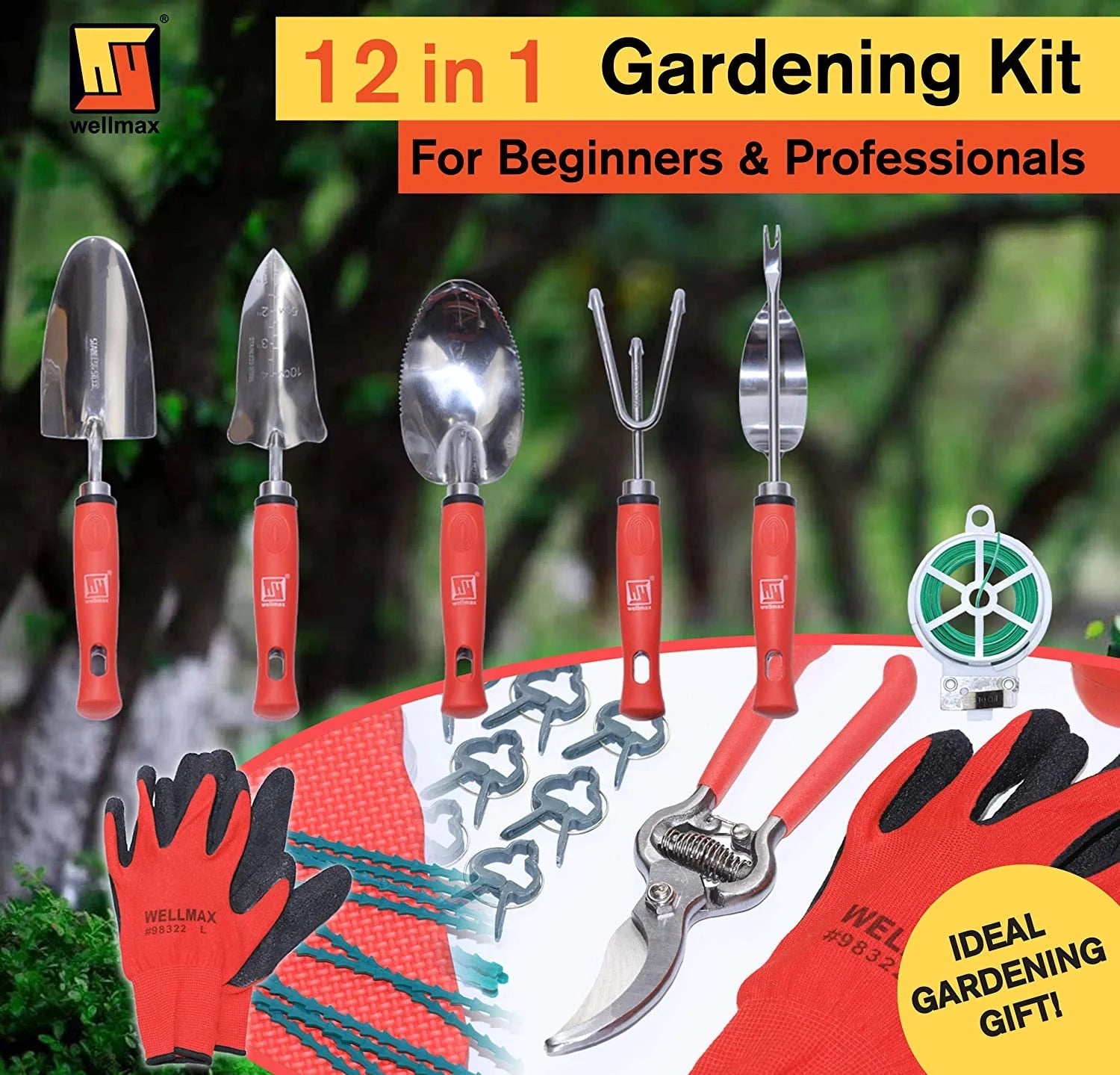 Garden Tools Set of 12 with Gardening Gloves, Pruning Shear and 7 Piece Stainless Steel Hand Digging Tool Heavy Duty Kit